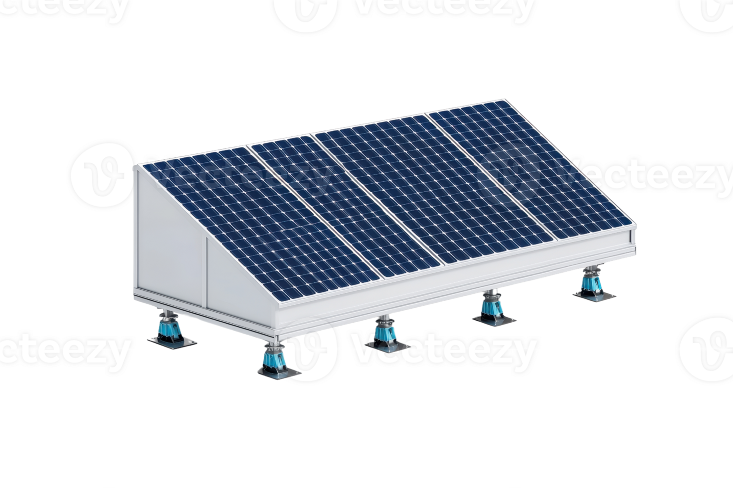 A solar panel system with multiple photovoltaic panels mounted on a raised structure. png