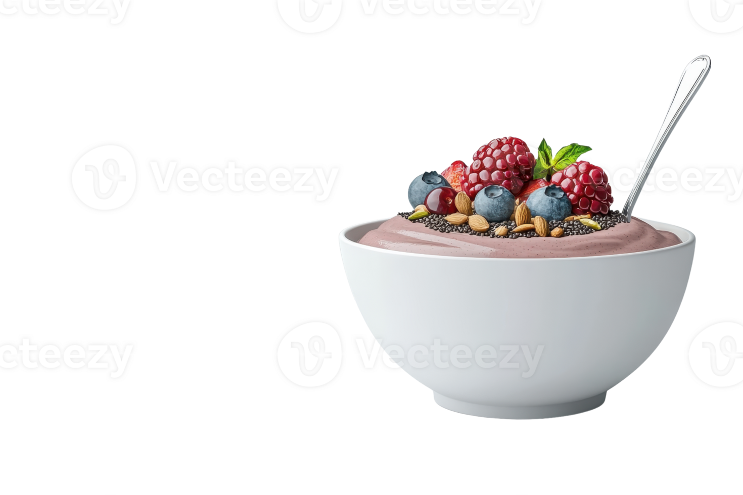 A creamy bowl of yogurt topped with fresh berries and a sprinkle of nuts, served with a silver spoon. png