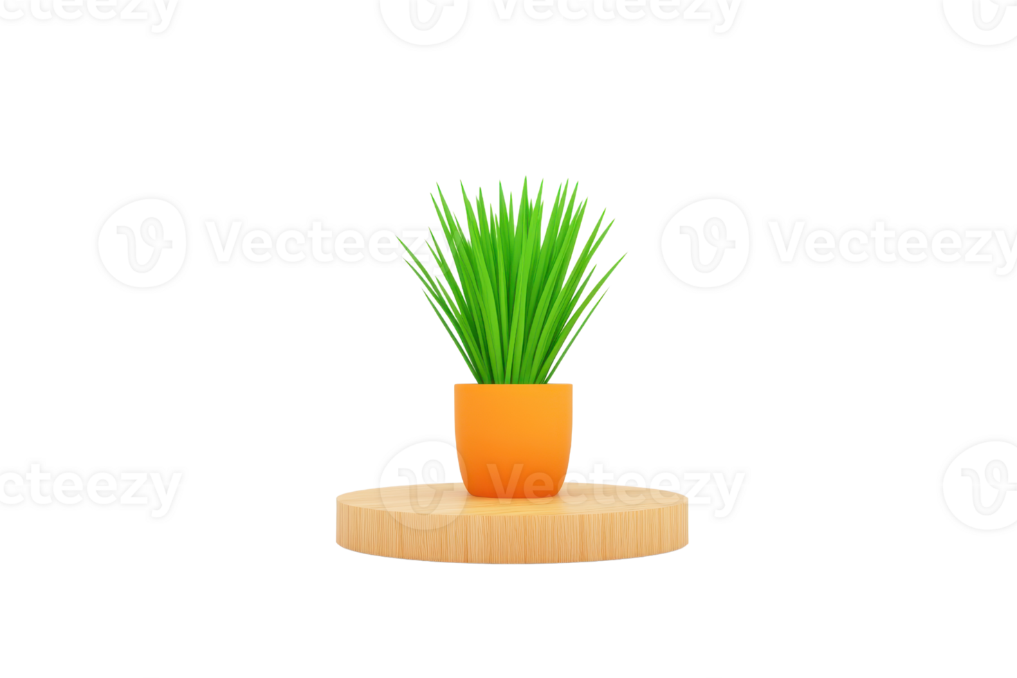 A vibrant green plant in an orange pot sits atop a wooden circular base, showcasing its lively foliage. png