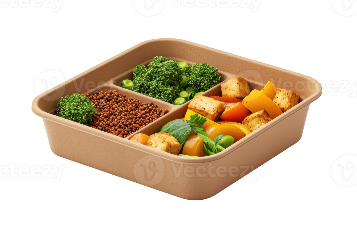 A square container filled with colorful vegetables, grains, and greens, neatly divided into sections. png