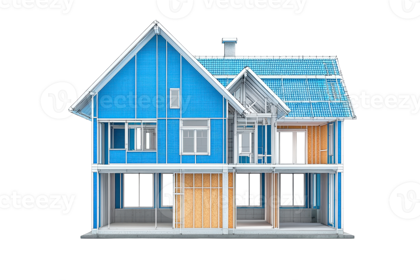 A modern, blue two-story house featuring large windows, a sloped roof, and a combination of wood and paneling elements. png