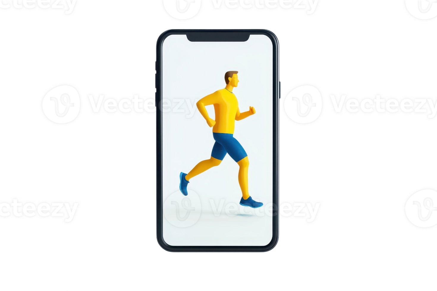 A smartphone displays a vibrant illustration of a man jogging in athletic attire. png