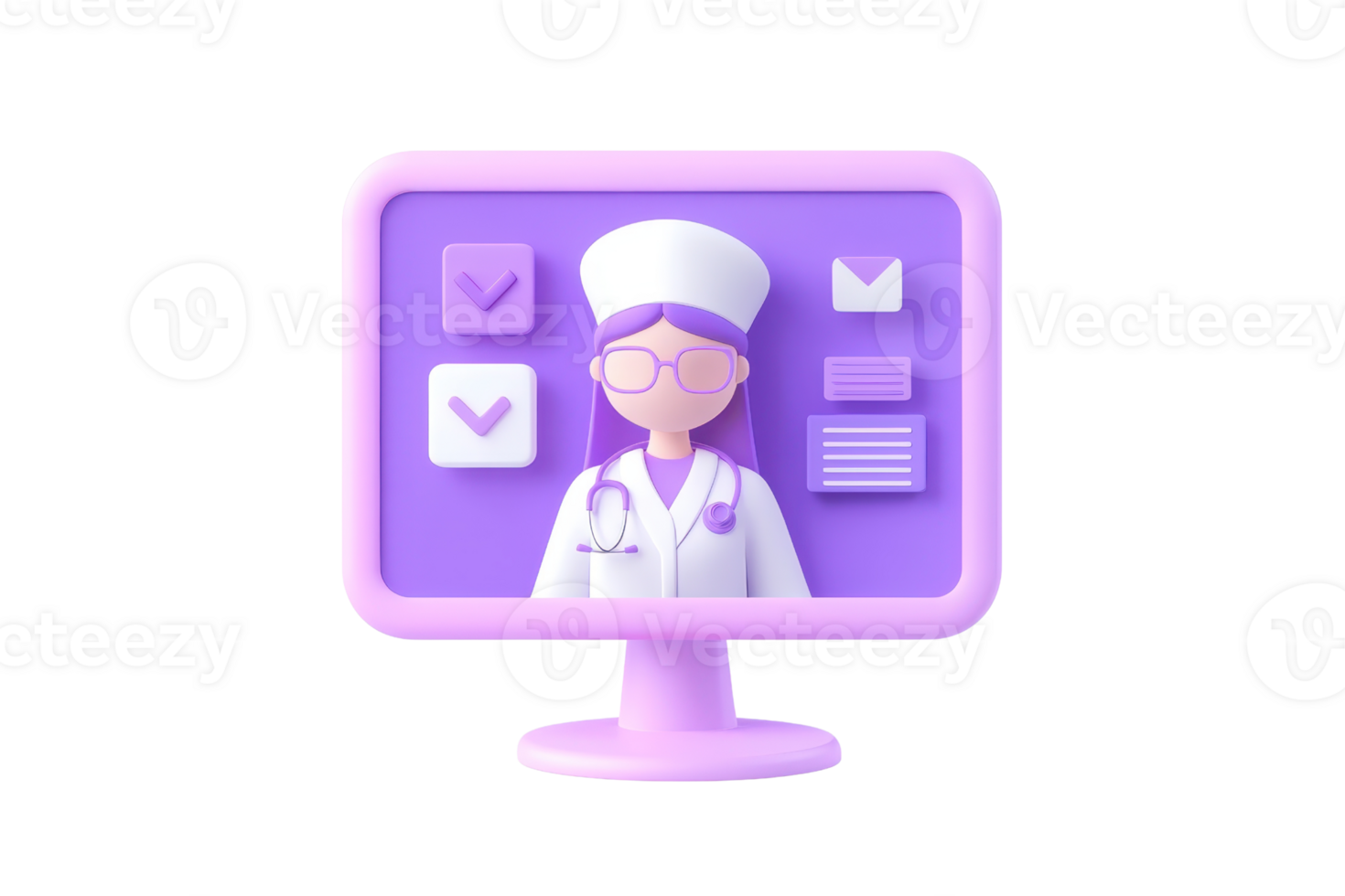 A 3D illustration of a nurse on a computer screen, featuring a stethoscope and various icons representing healthcare tasks. png