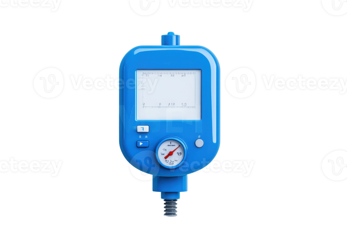 A blue digital pressure gauge with a display screen and a pressure dial for measuring pressure levels. png