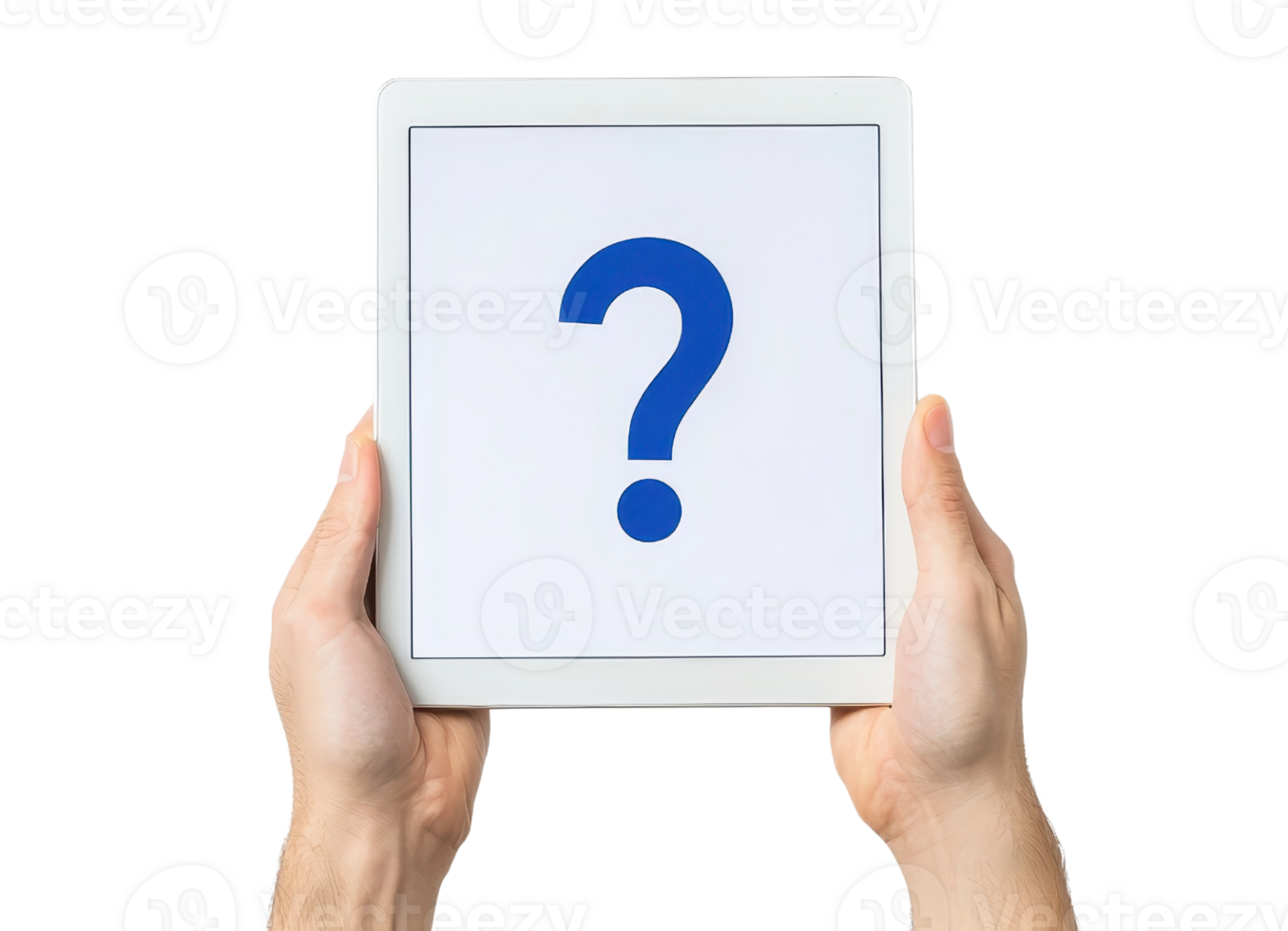 A pair of hands holds a tablet displaying a large blue question mark on a white screen. png