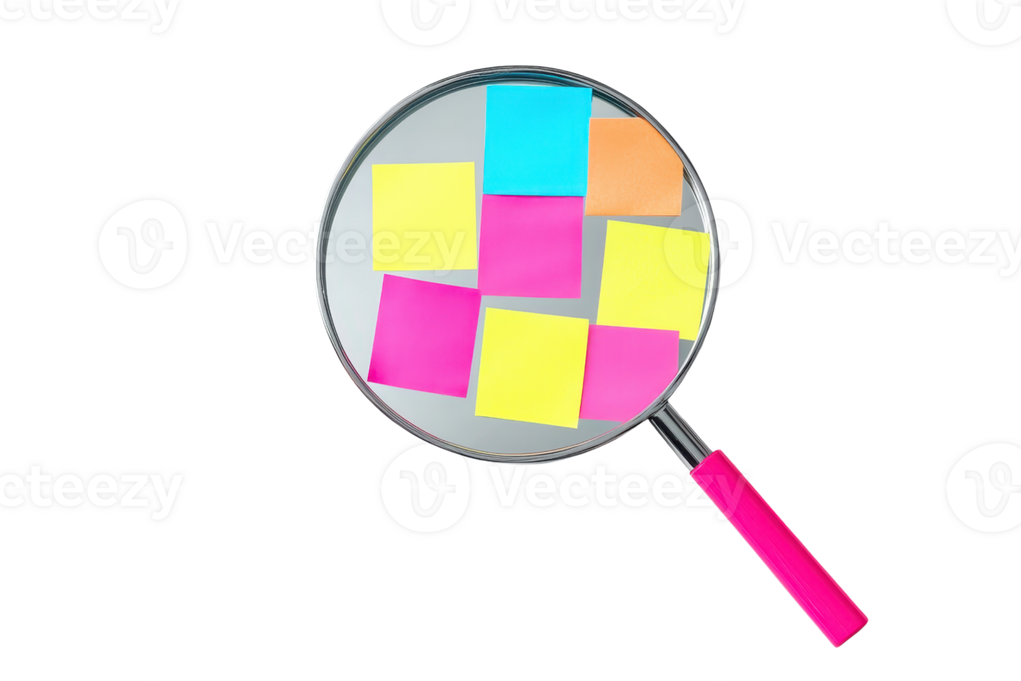 A magnifying glass displays colorful sticky notes arranged in a pattern. png