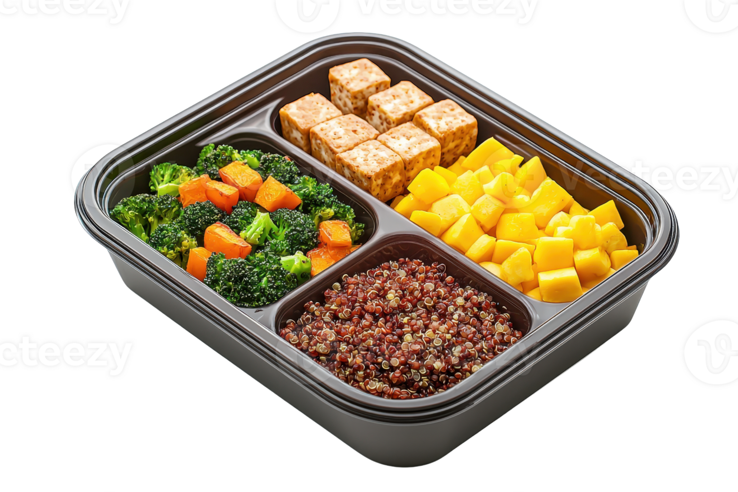 A meal prep container filled with colorful vegetables, tofu, quinoa, and mango, showcasing a healthy and balanced food selection. png