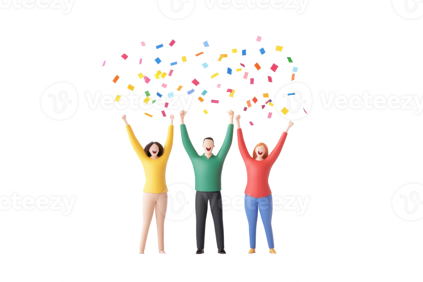 Three cheerful individuals celebrate with raised arms, surrounded by colorful confetti. png