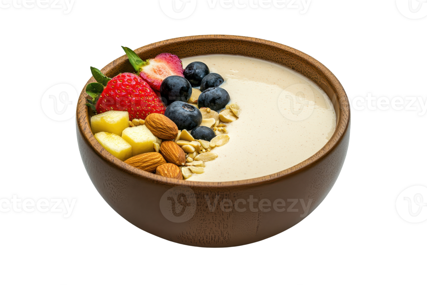 A wooden bowl filled with creamy yogurt topped with fresh strawberries, blueberries, banana slices, almonds, and granola. png