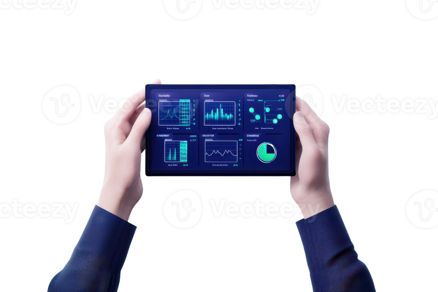 A person holds a digital tablet displaying various data visualizations and graphs. png
