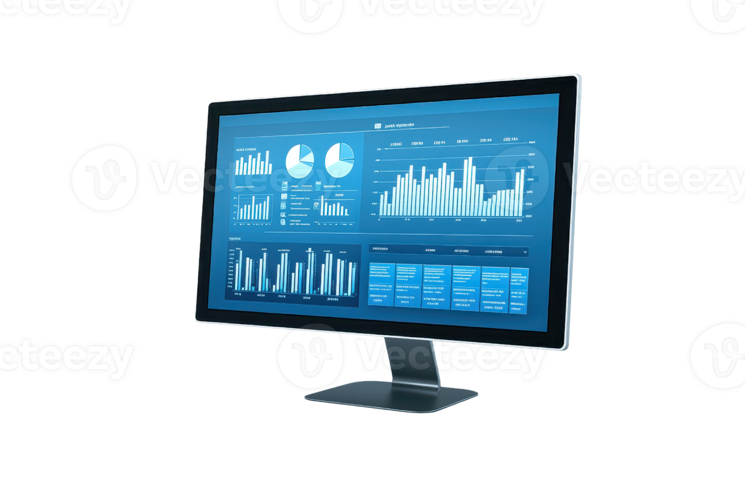A sleek computer monitor displaying colorful data visualizations and analytical graphs. png