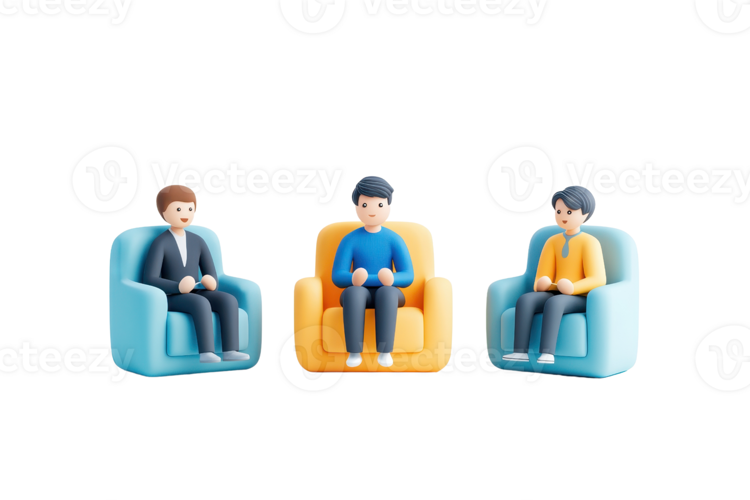 Three stylized figures seated on colorful chairs, engaged in conversation. png
