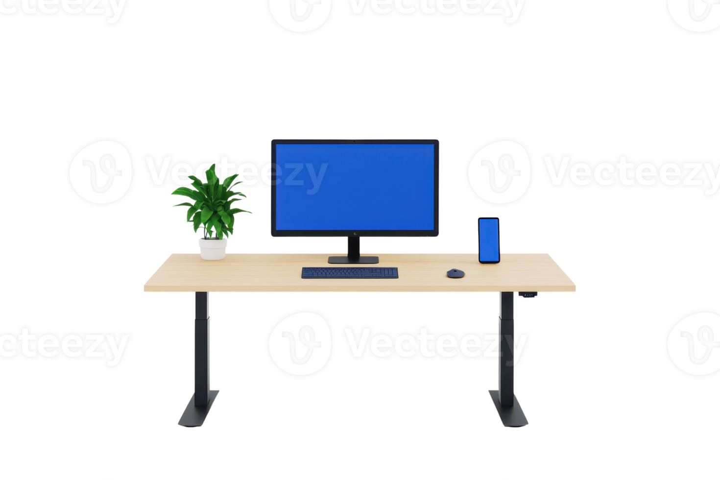 A modern desk setup featuring a computer monitor, wireless speaker, mouse, keyboard, and a potted plant. png
