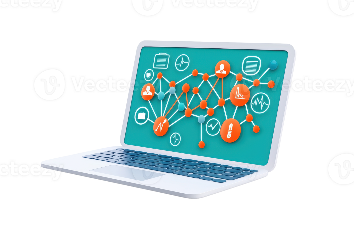 A modern laptop displaying a network of connected icons and symbols, representing digital communication and data exchange. png