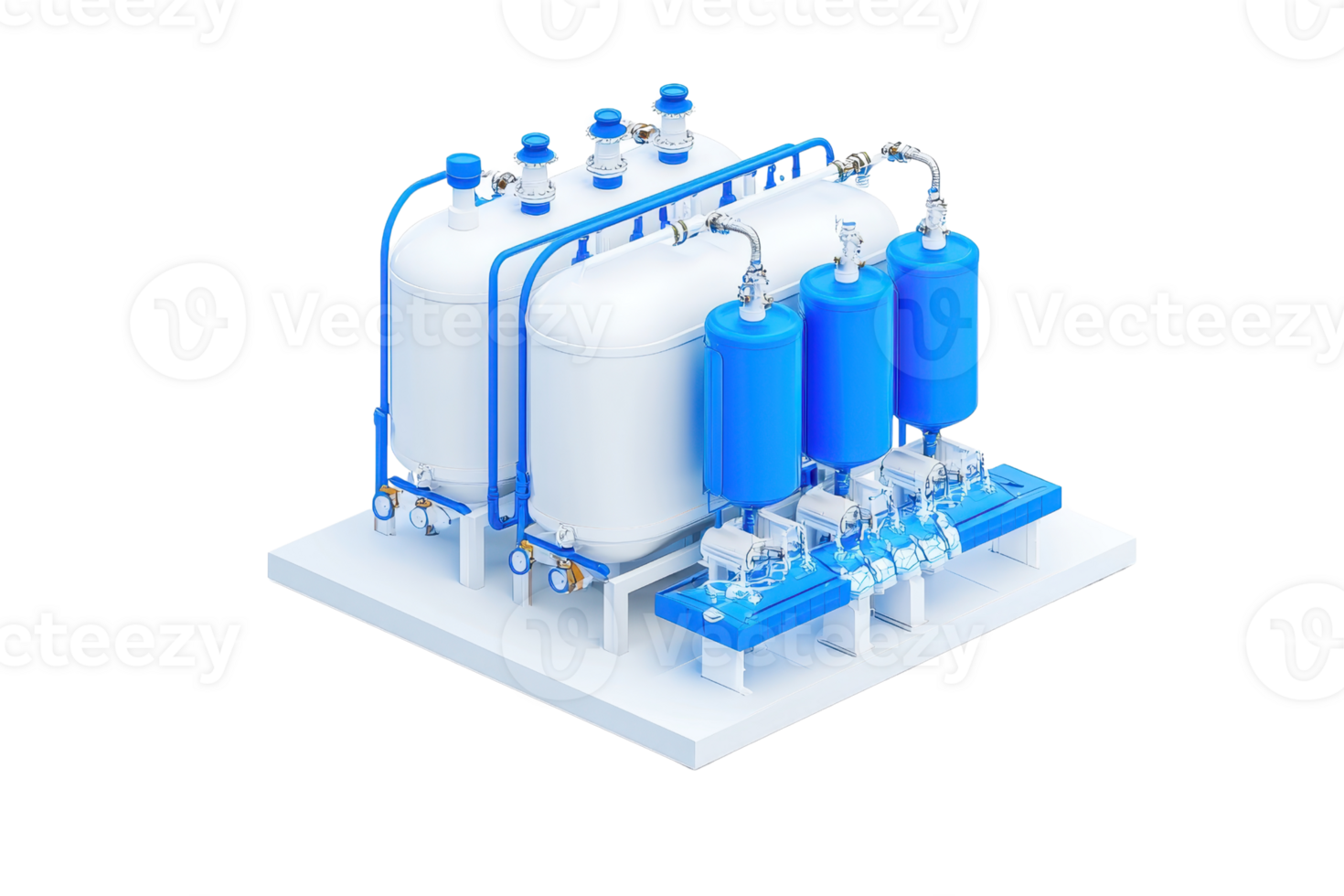 A complex industrial storage tank system featuring multiple containers and pipes arranged on a base, designed for fluid management. png
