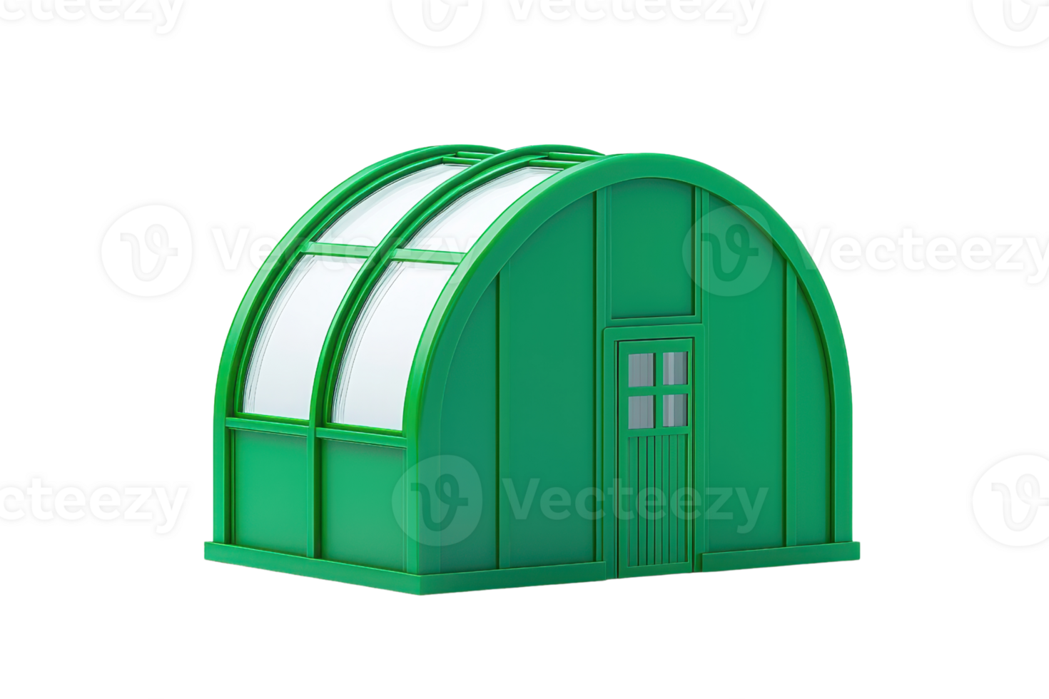 A vibrant green greenhouse structure with a curved roof and large windows, designed for optimal light and plant growth. png
