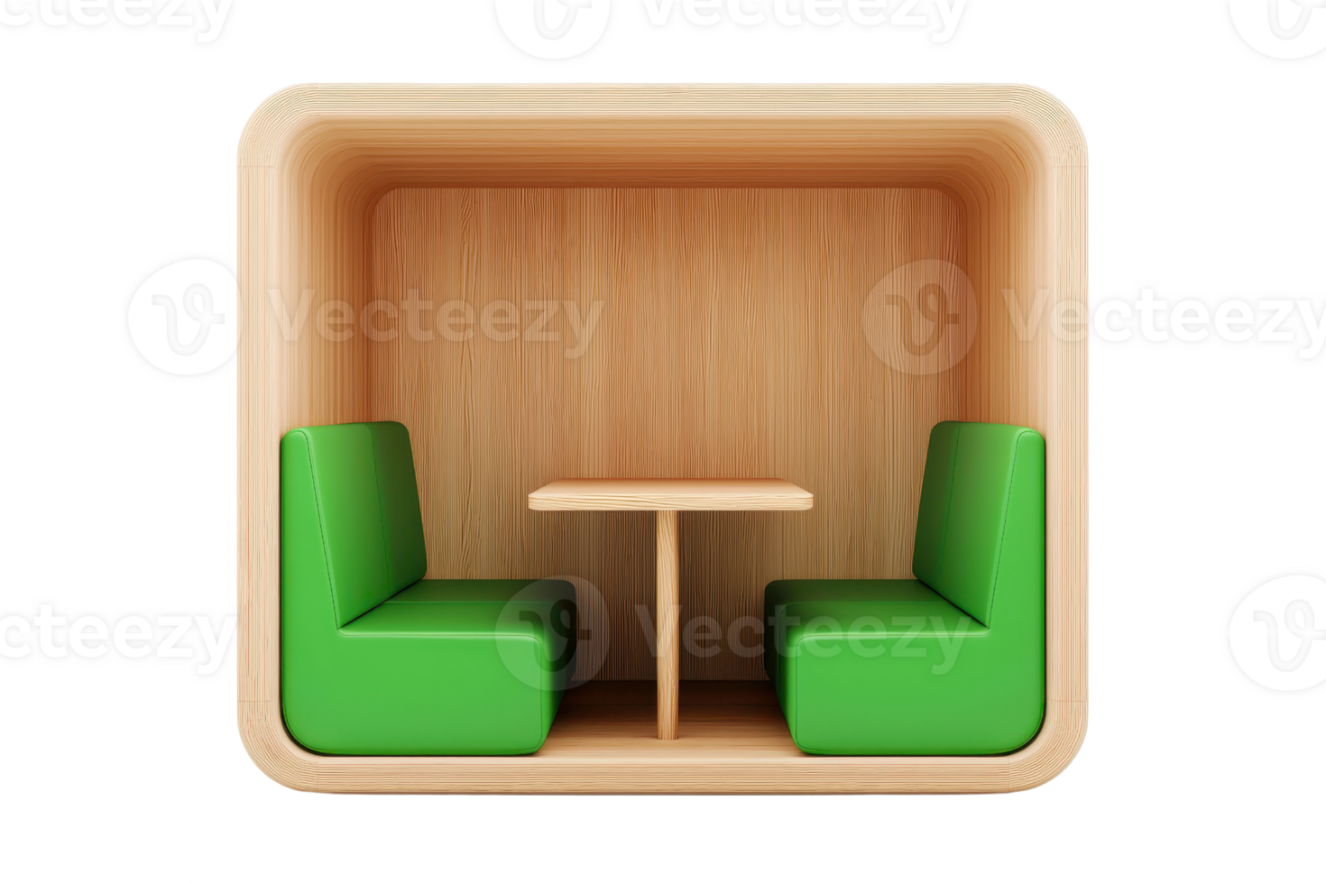 A cozy wooden booth with green seating and a simple table, designed for intimate gatherings or dining. png