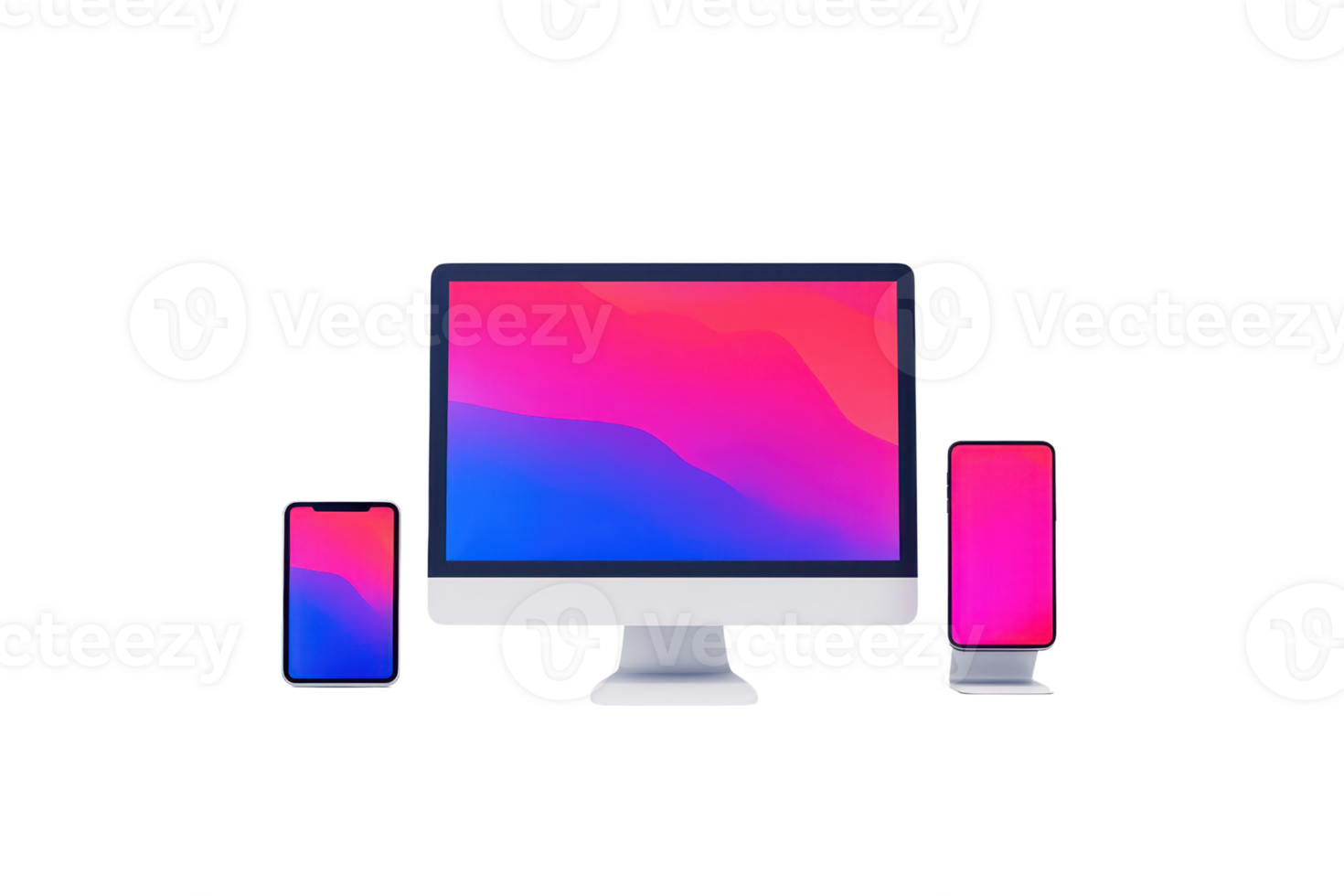 A modern desktop computer and smartphone showcase vibrant, colorful screens with a gradient design. png