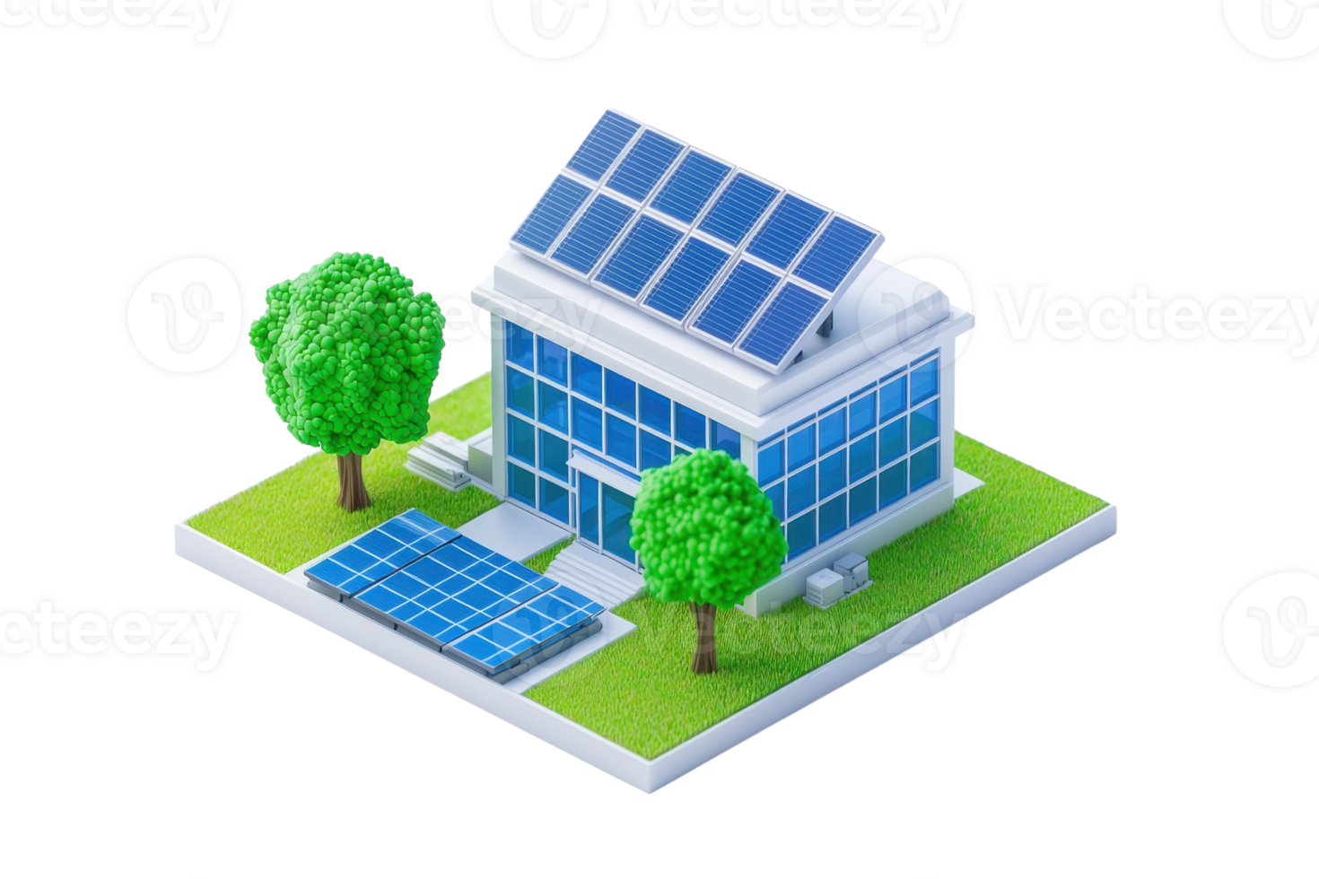 A modern house featuring solar panels on the roof, surrounded by two green trees and a solar panel installation in the front yard. png