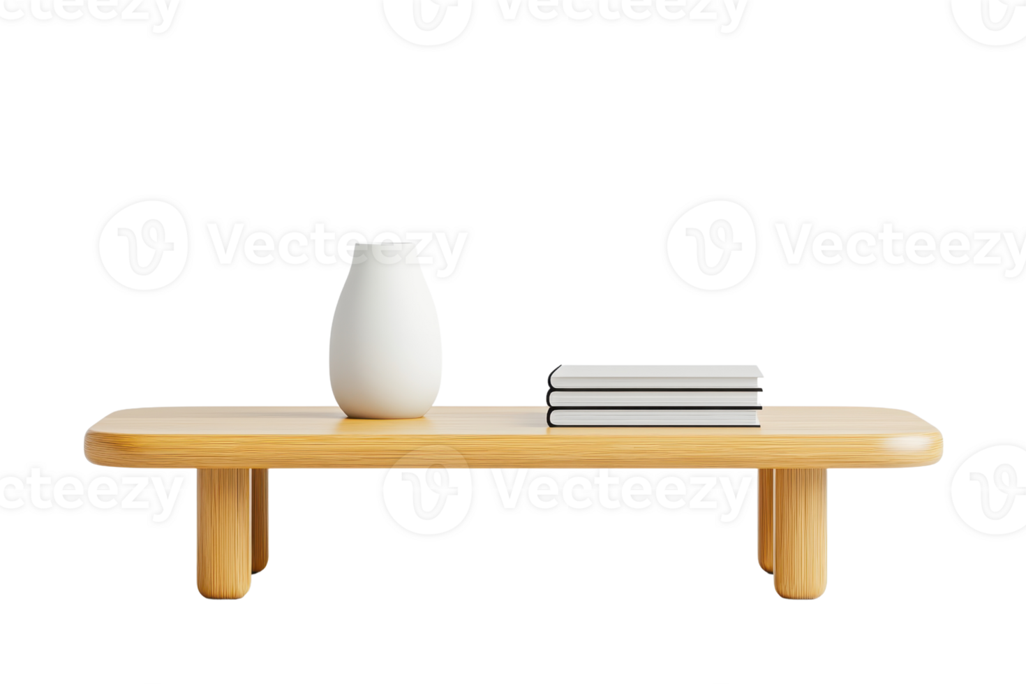 A wooden coffee table with a white vase and stacked books on top. png