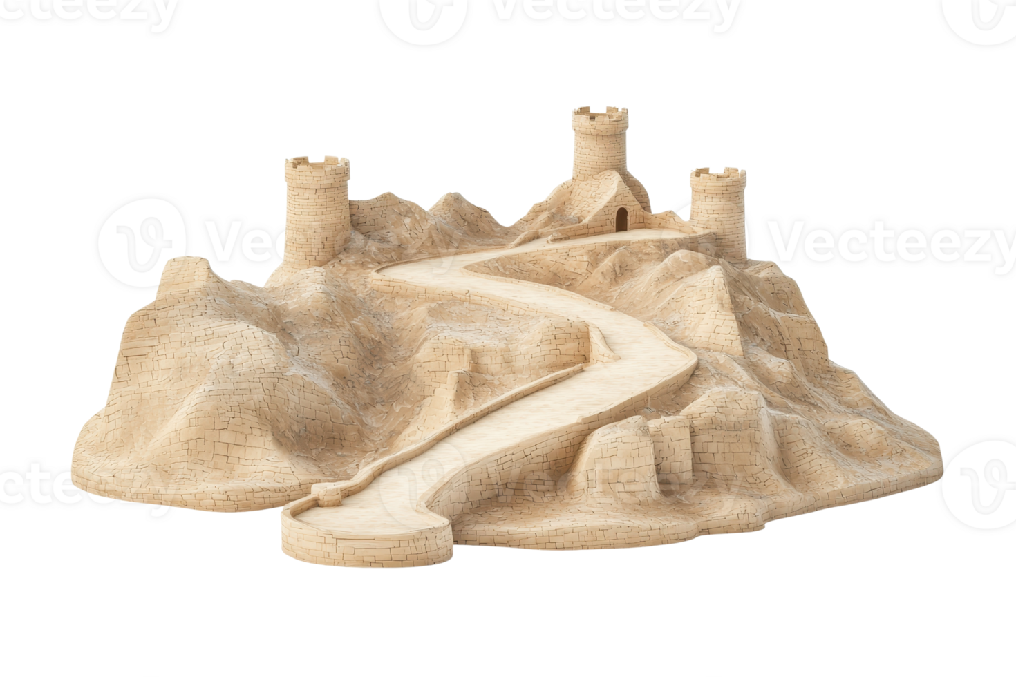 A detailed model of a castle situated on a rocky terrain, featuring a winding path leading to its towers. png