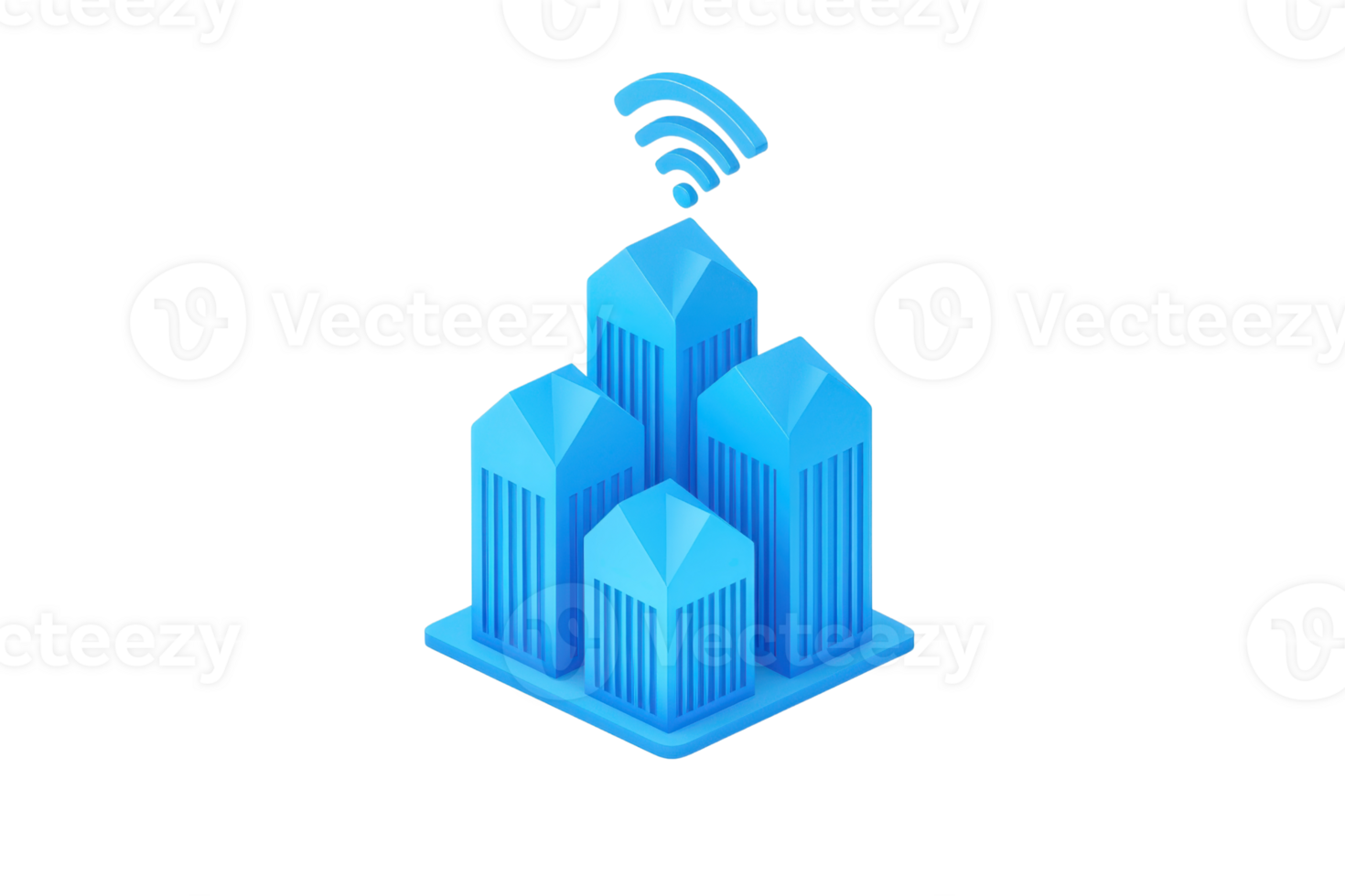 A cluster of blue skyscrapers with a wireless signal symbol above, representing connectivity and modern urban infrastructure. png