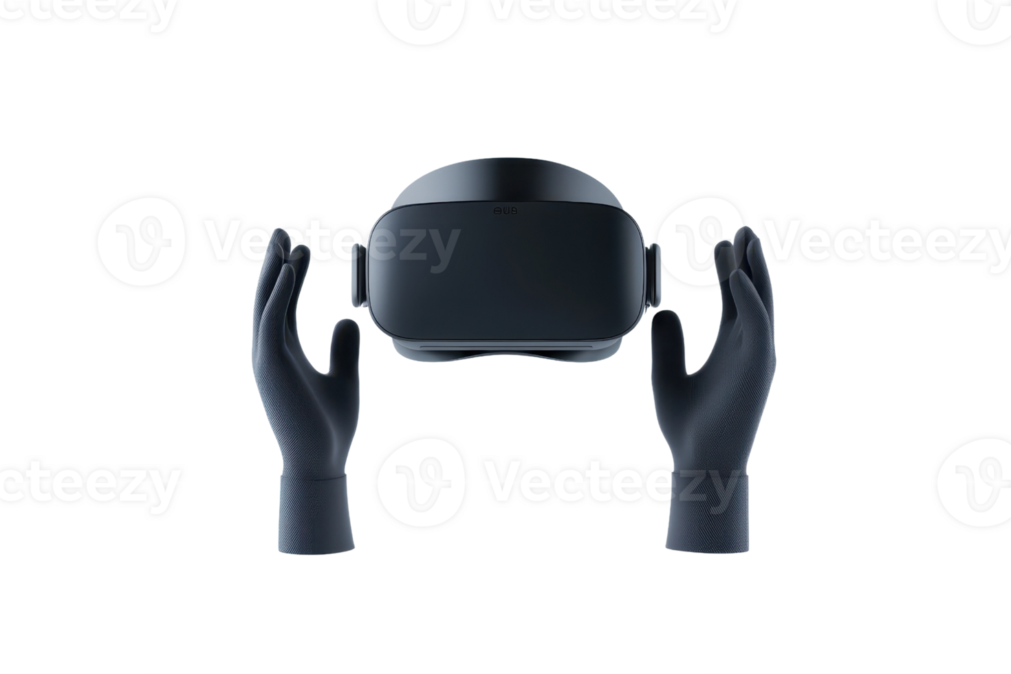 A sleek virtual reality headset is cradled by two gloved hands, highlighting its modern design and immersive technology. png