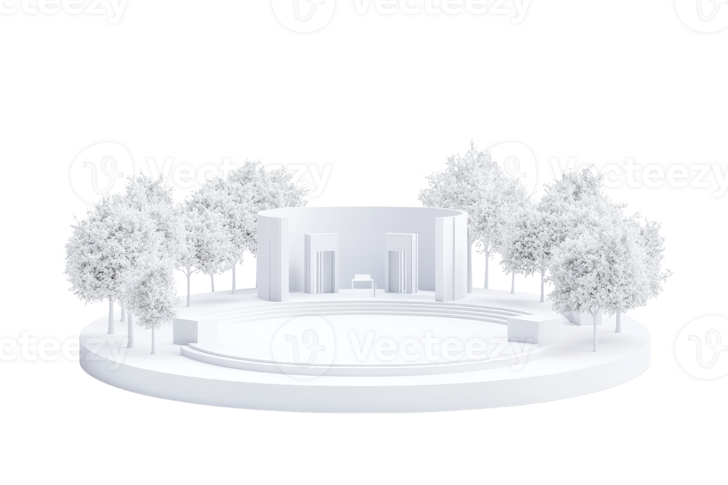 A minimalist architectural model featuring circular pathways and stylized trees, showcasing a serene and modern design. png