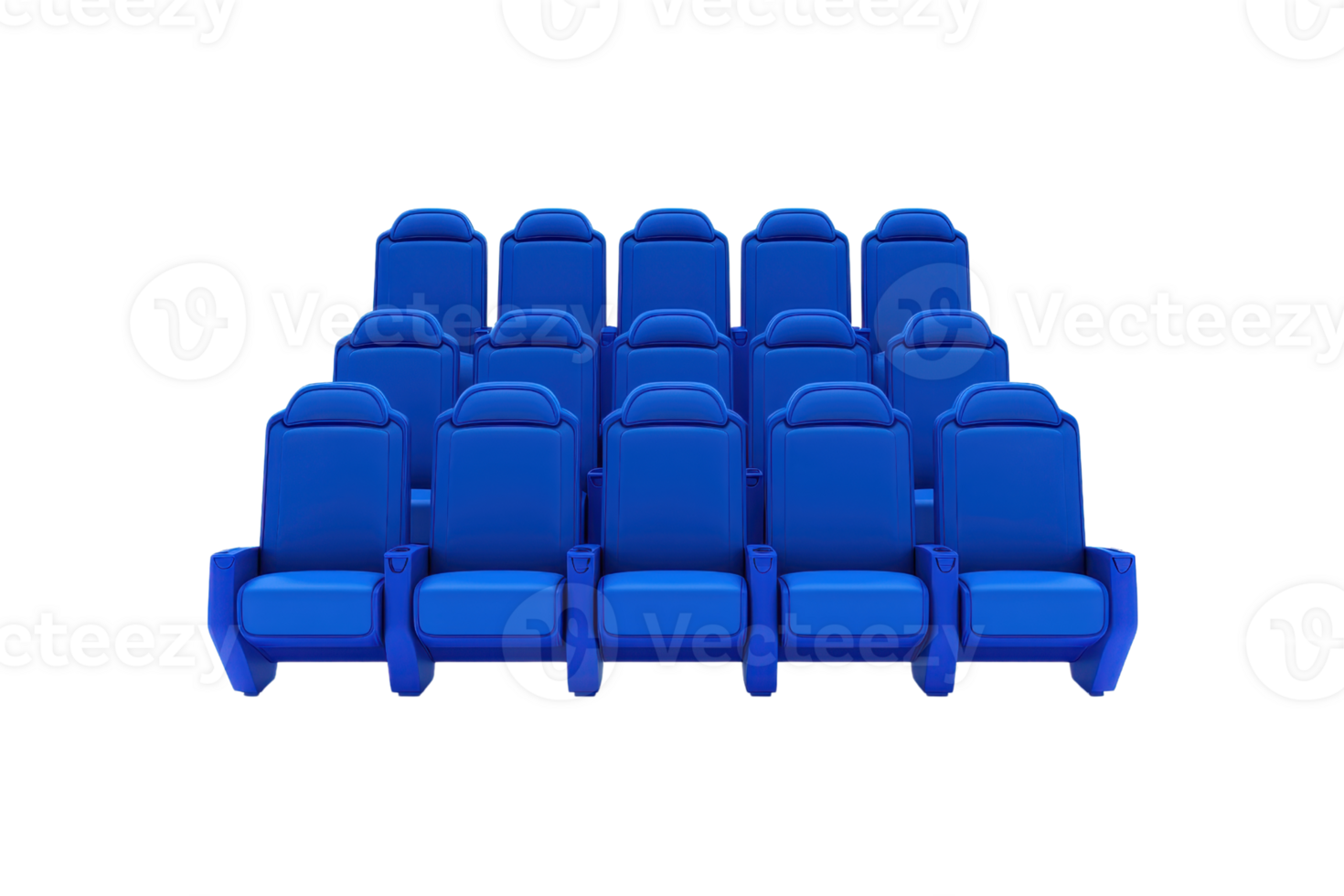 A row of blue seating chairs arranged neatly in a structured formation. png