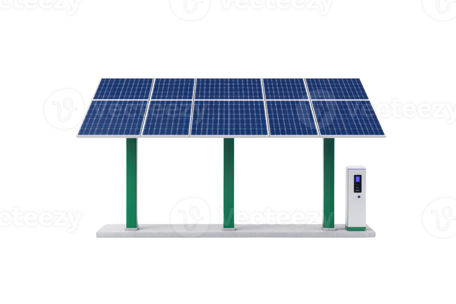 A solar panel structure featuring multiple panels mounted on green supports, with an adjacent power unit for energy conversion. png
