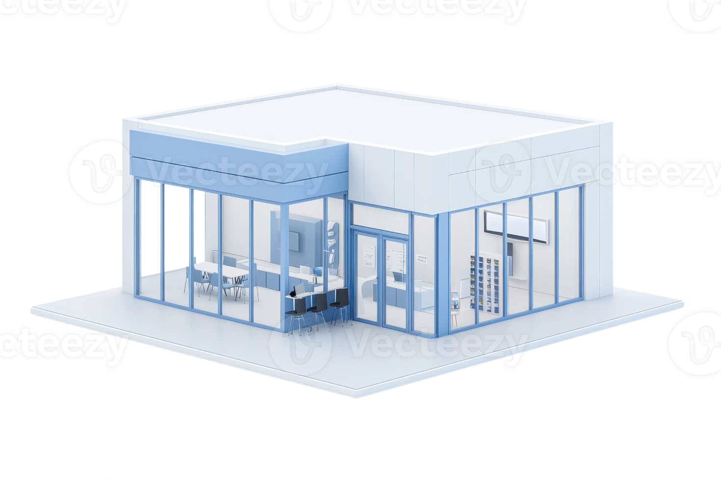 A modern architectural model of a small commercial building featuring large glass windows and a sleek design. png