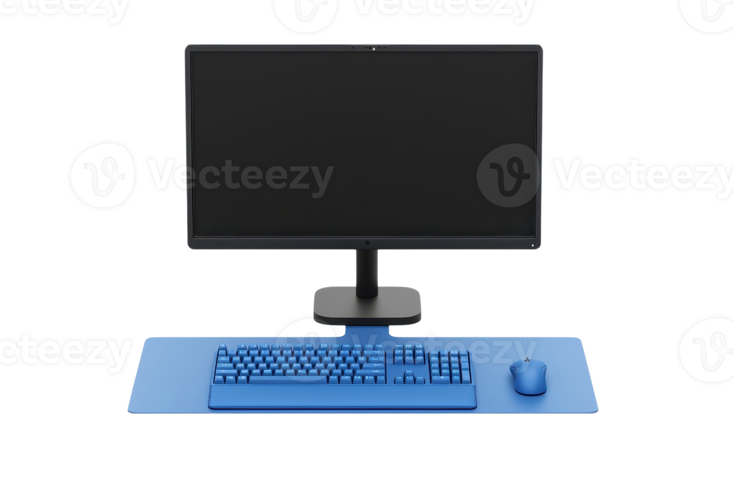 A modern computer setup featuring a sleek monitor, blue keyboard, and mouse on a matching desk mat. png