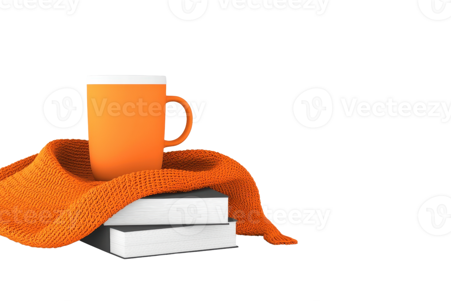 An orange mug rests on a cozy knitted blanket, atop two stacked white books, creating a warm and inviting scene. png