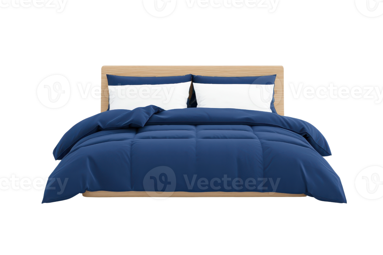 A neatly made bed with a wooden headboard, featuring dark blue bedding and white pillows, creating a cozy and inviting atmosphere. png