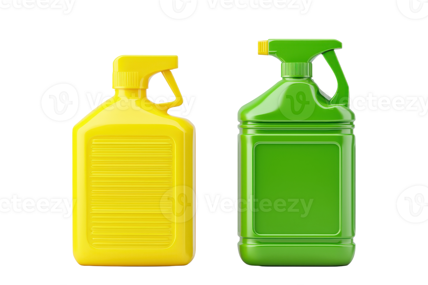 Two plastic containers in vibrant yellow and green colors, designed for liquid storage, featuring distinct shapes and handles. png