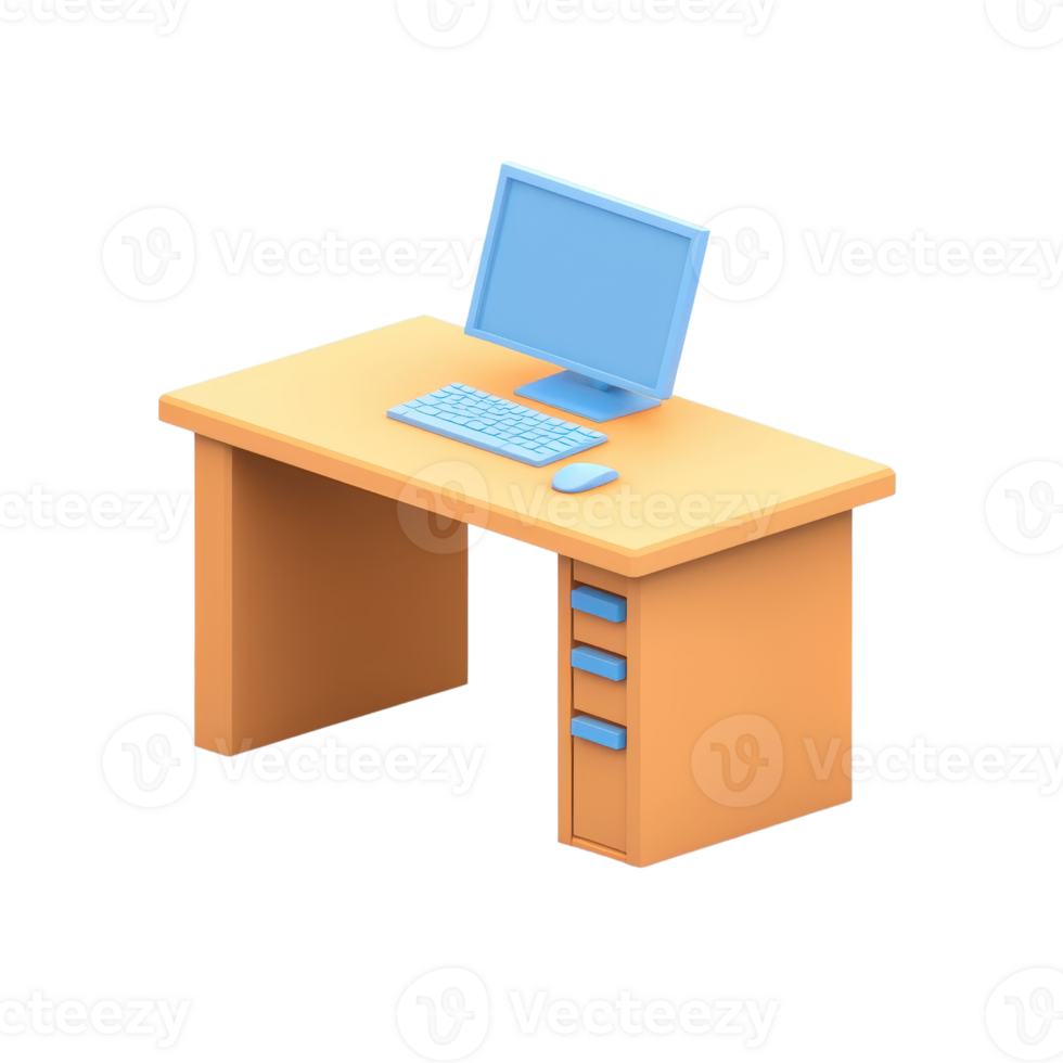 A modern desk with a computer setup, featuring a monitor, keyboard, and mouse, designed for ergonomic use and productivity. png