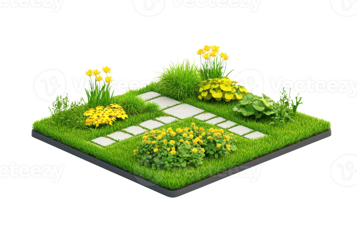 A vibrant garden scene featuring various flowers, lush greenery, and stone pathways creating a charming outdoor space. png
