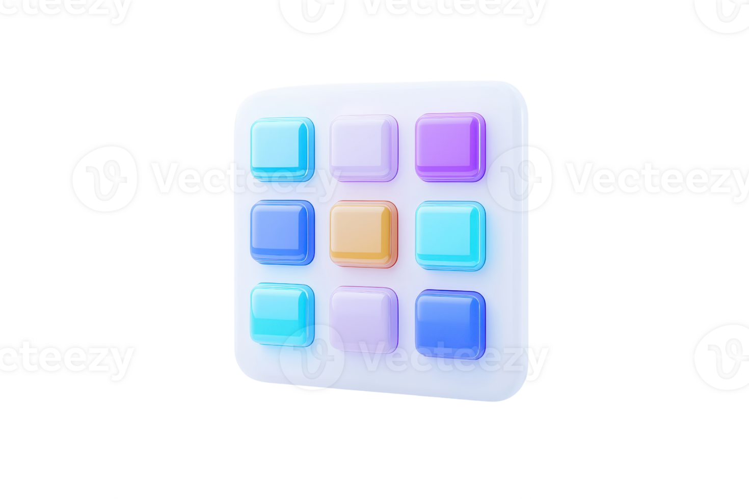 A grid of colorful, glossy buttons arranged in a square, featuring various shades of blue, purple, and orange. png