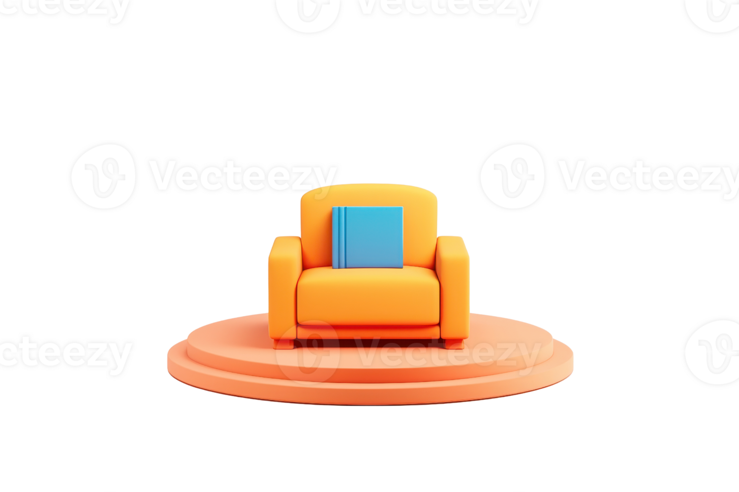A vibrant orange armchair with a blue book resting on its arm, set on a circular platform. png