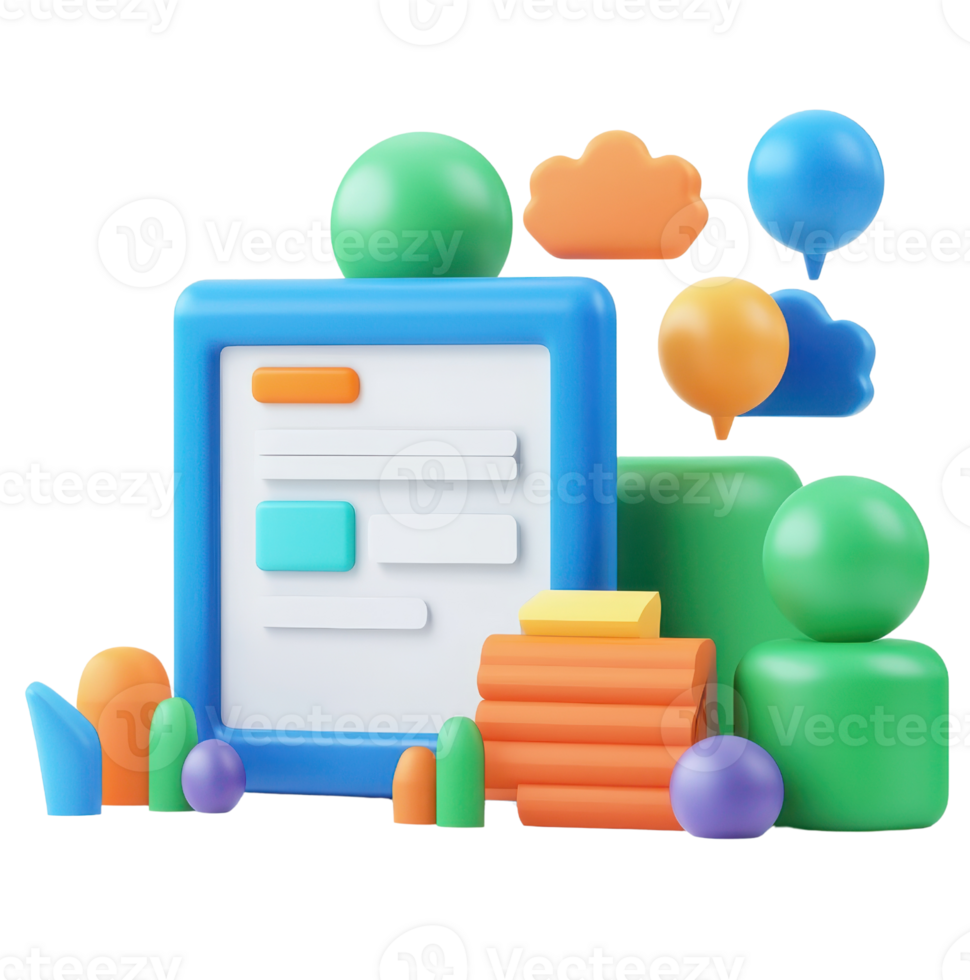 Colorful geometric shapes arranged around a central rectangular form with various icons and elements representing digital or interactive features. png