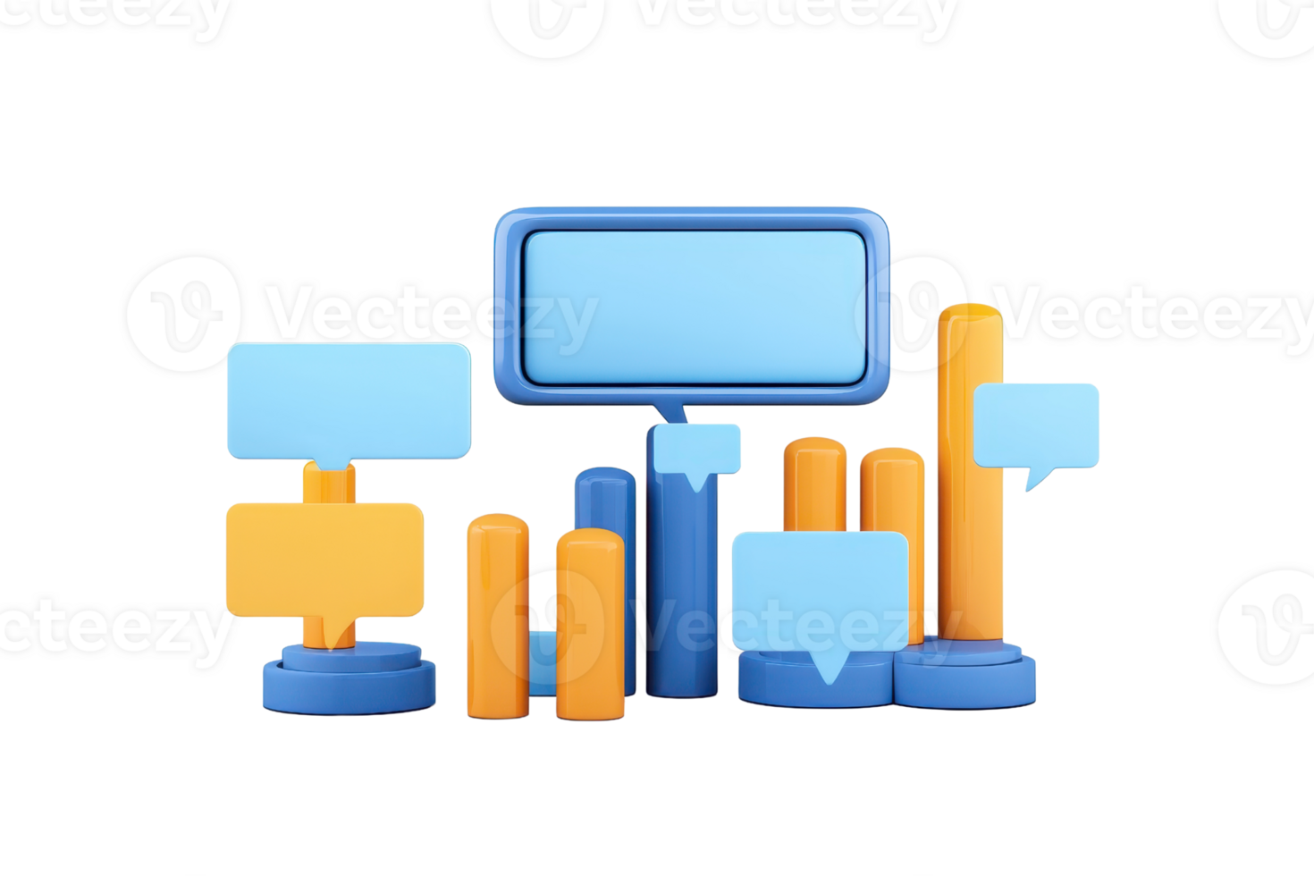 Colorful speech bubbles and bar graphs symbolize communication and data visualization. png