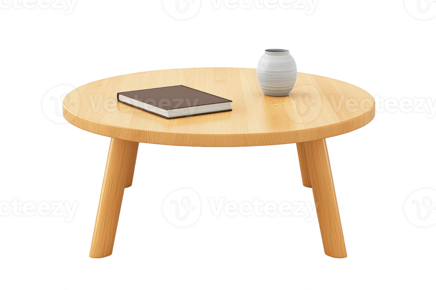 A round wooden table with three angled legs, featuring a book and a small vase on its surface. png