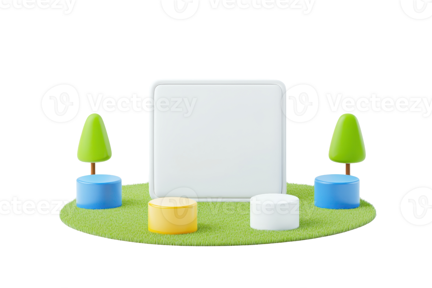 A geometric display featuring a central square surrounded by colorful cylindrical bases and small green trees. png