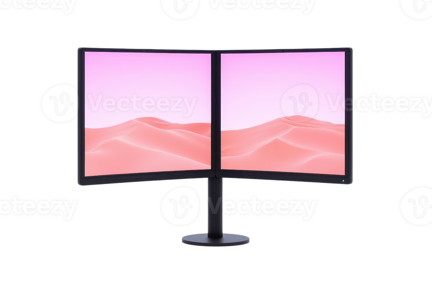 A sleek, curved dual monitor setup displaying soft pink hues, ideal for productivity and immersive experiences. png