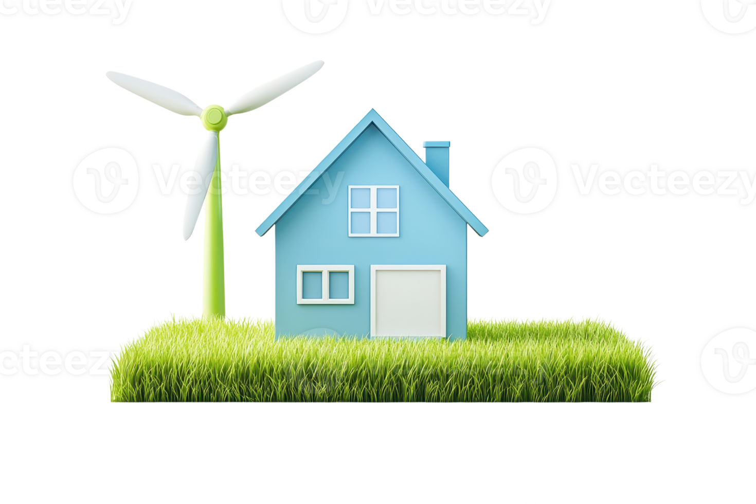 A blue house with a wind turbine stands on a patch of grass, symbolizing eco-friendly living and renewable energy. png