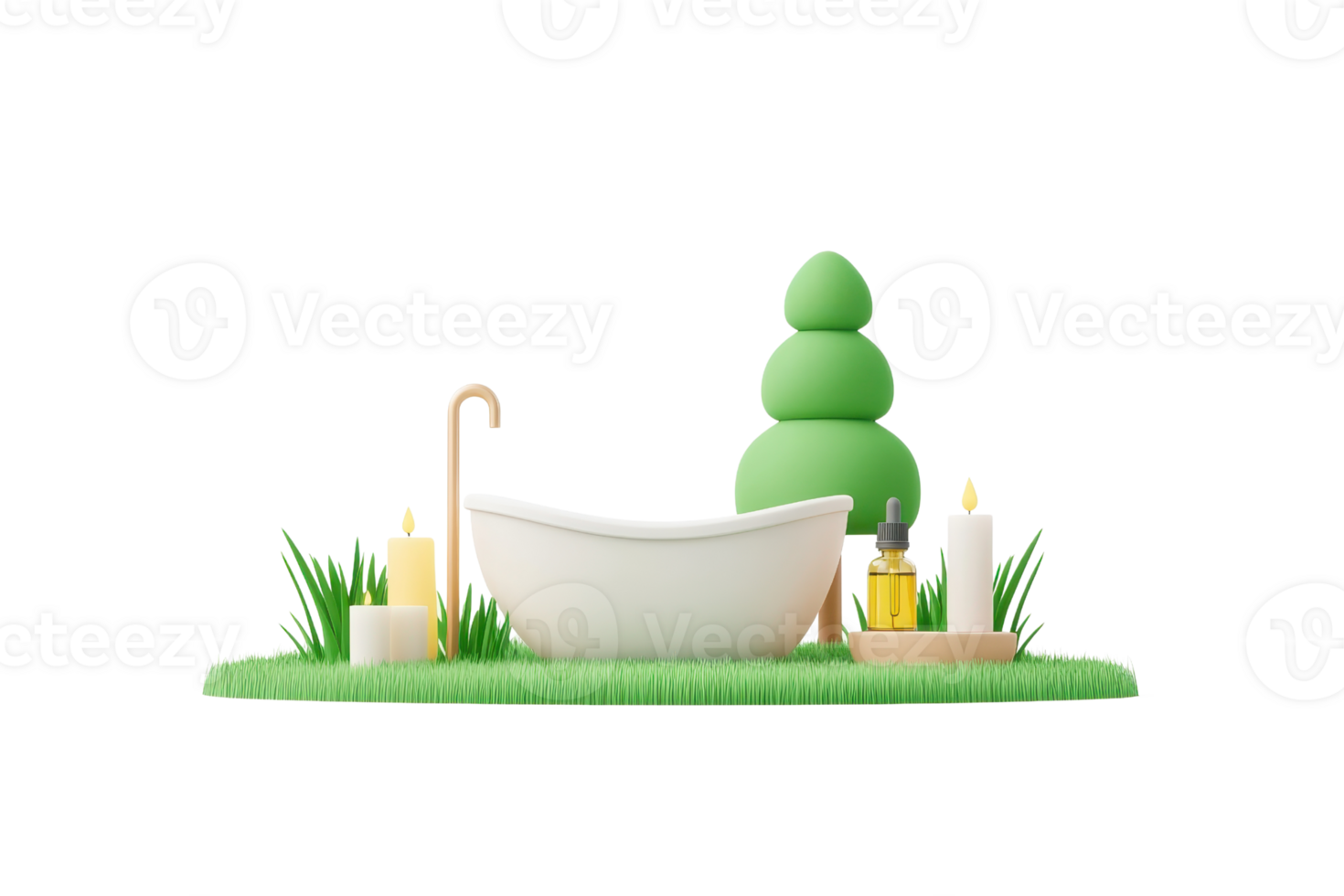 A modern bathtub surrounded by candles, essential oils, and greenery, creating a serene spa-like atmosphere. png