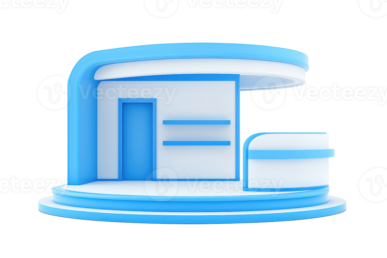 A sleek, modern reception desk featuring a curved design in blue and white colors, ideal for contemporary spaces. png