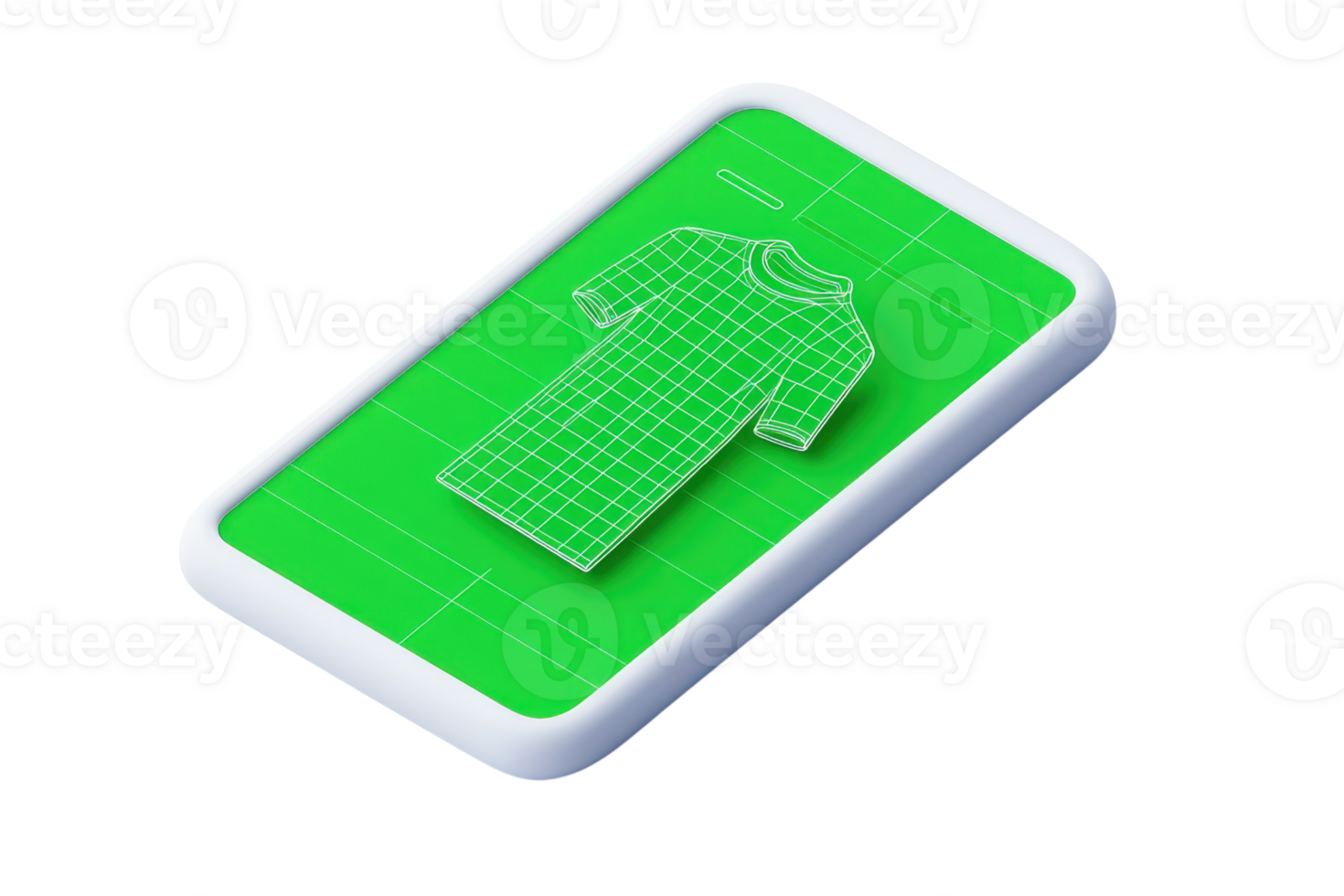 A digital representation of a dress displayed on a smartphone screen, highlighted in a grid design with a vibrant green background. png