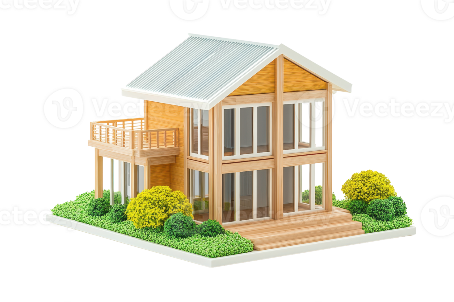 A modern two-story wooden house with large windows, a balcony, and lush greenery surrounding the entrance. png