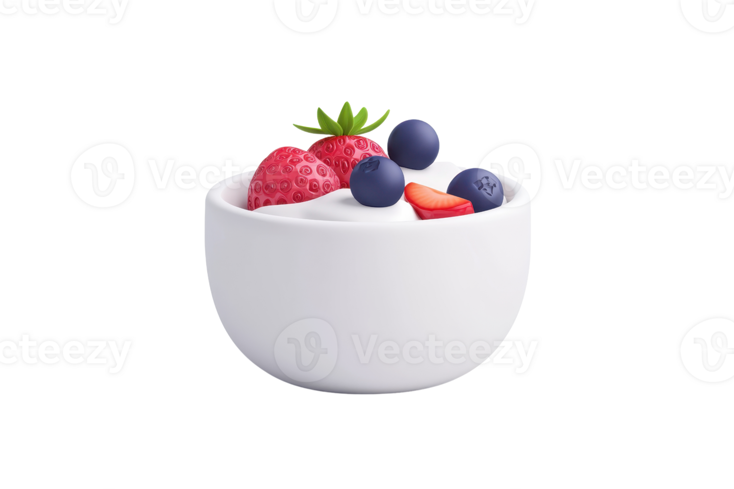 A bowl of creamy yogurt topped with fresh strawberries, blueberries, and raspberries. png